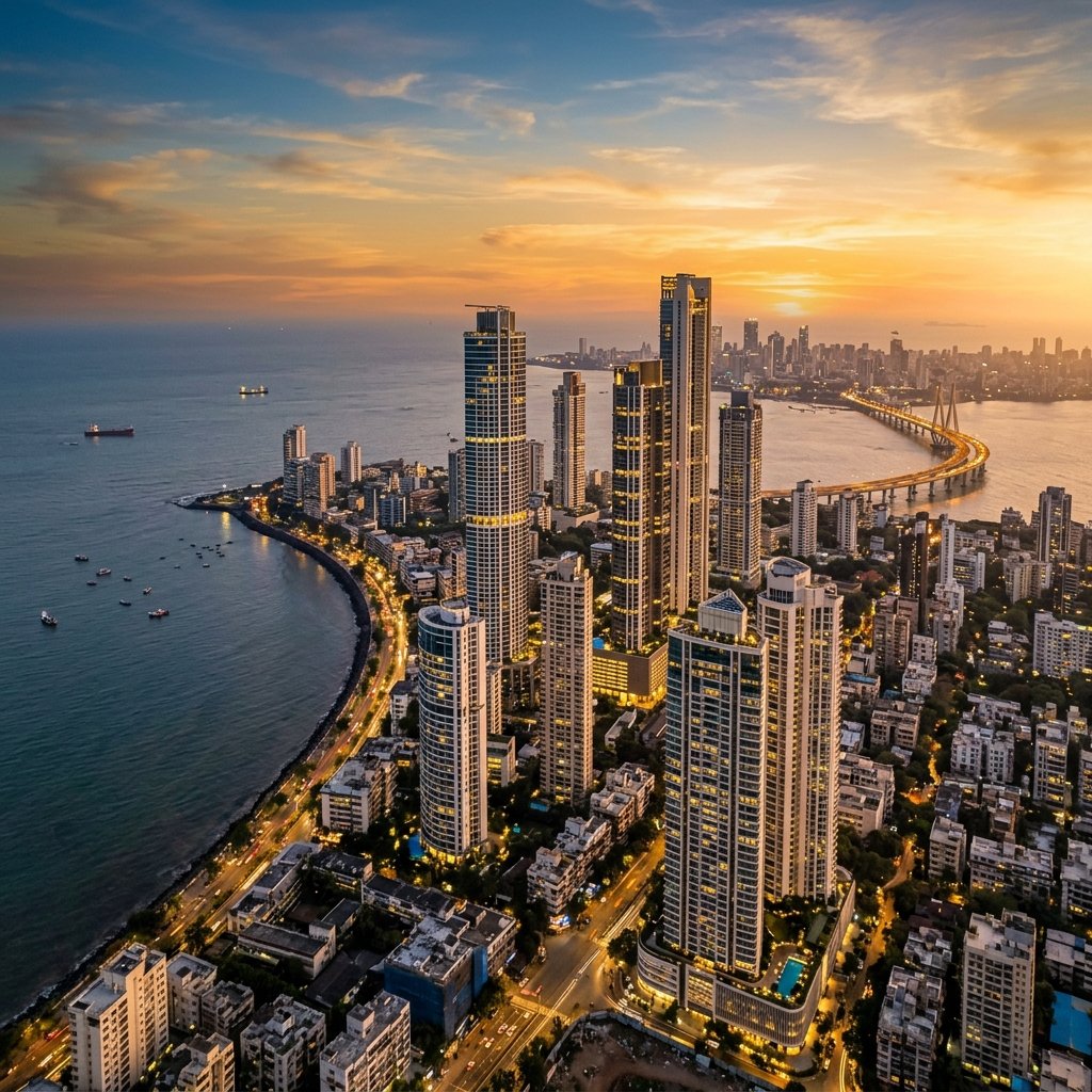 Mumbai skyline at golden hour showing luxury residential towers, reflecting the city's thriving real estate sector