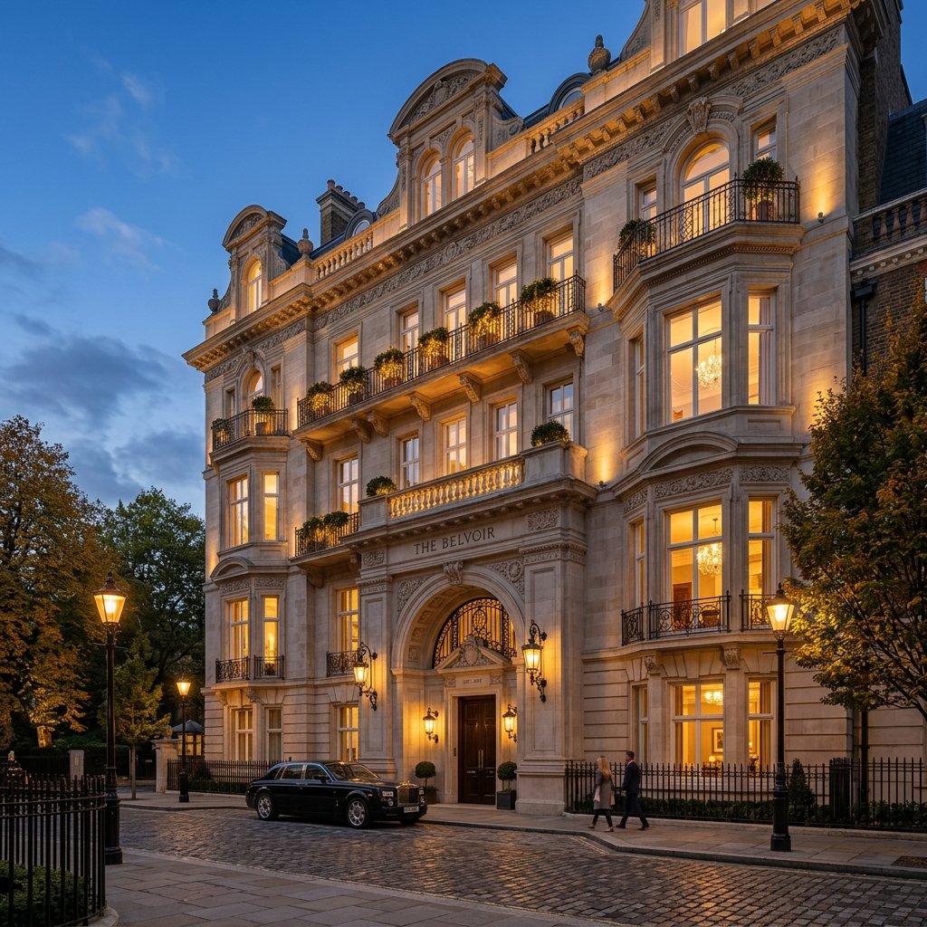 Elegant luxury residential building with classic architecture, warm stone facade at dusk demonstrating timeless craftsmanship